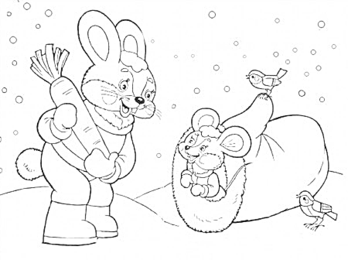 Раскраска Кролик с морковкой, мышка в рукавичке, две птички на снегу и одна птичка на рукавичке-зверюшке