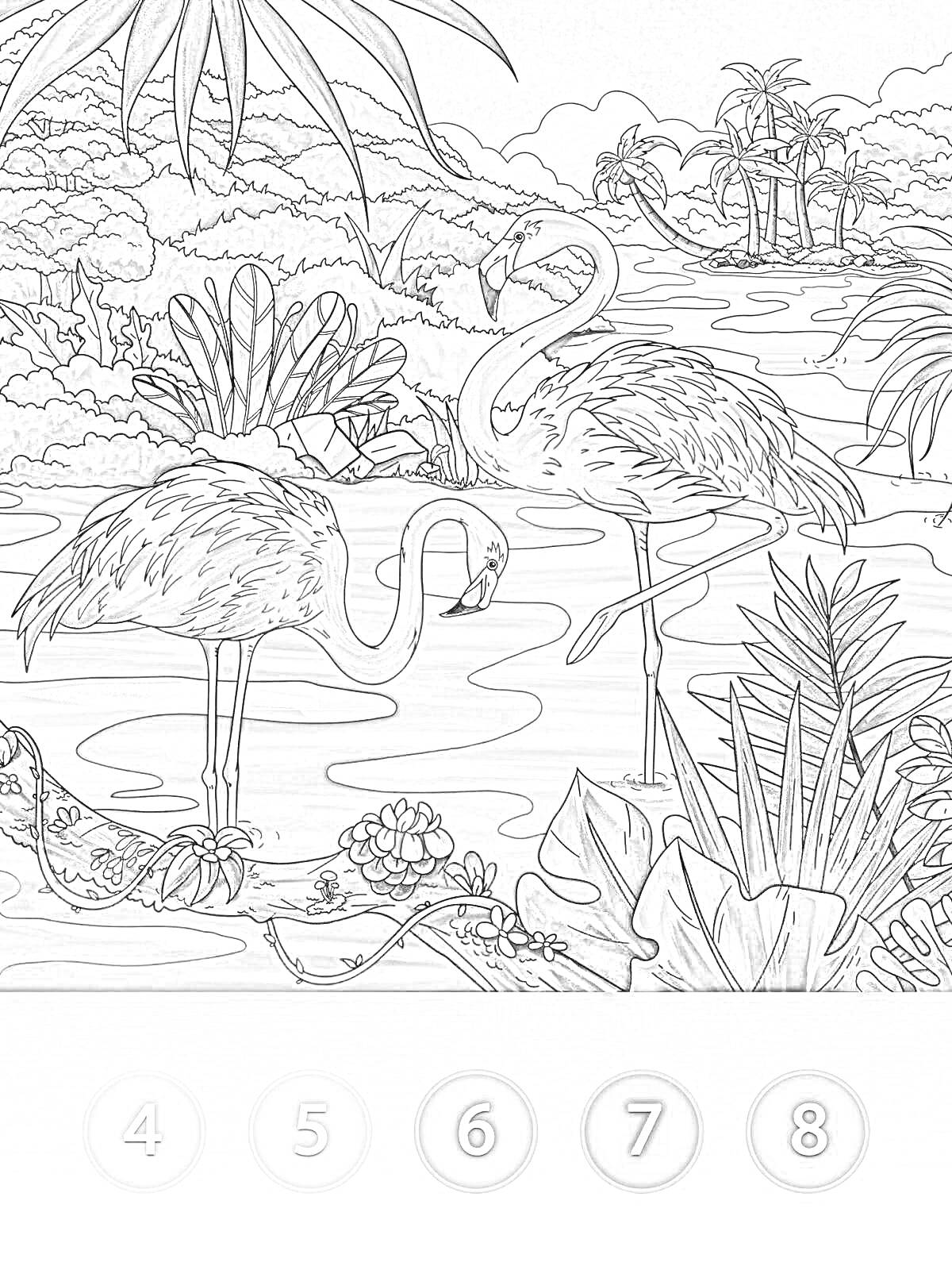 На раскраске изображено: Фламинго, Озеро, Тропический лес, Природа, Животные, Растения, Пальмы, Лилии, Деревья