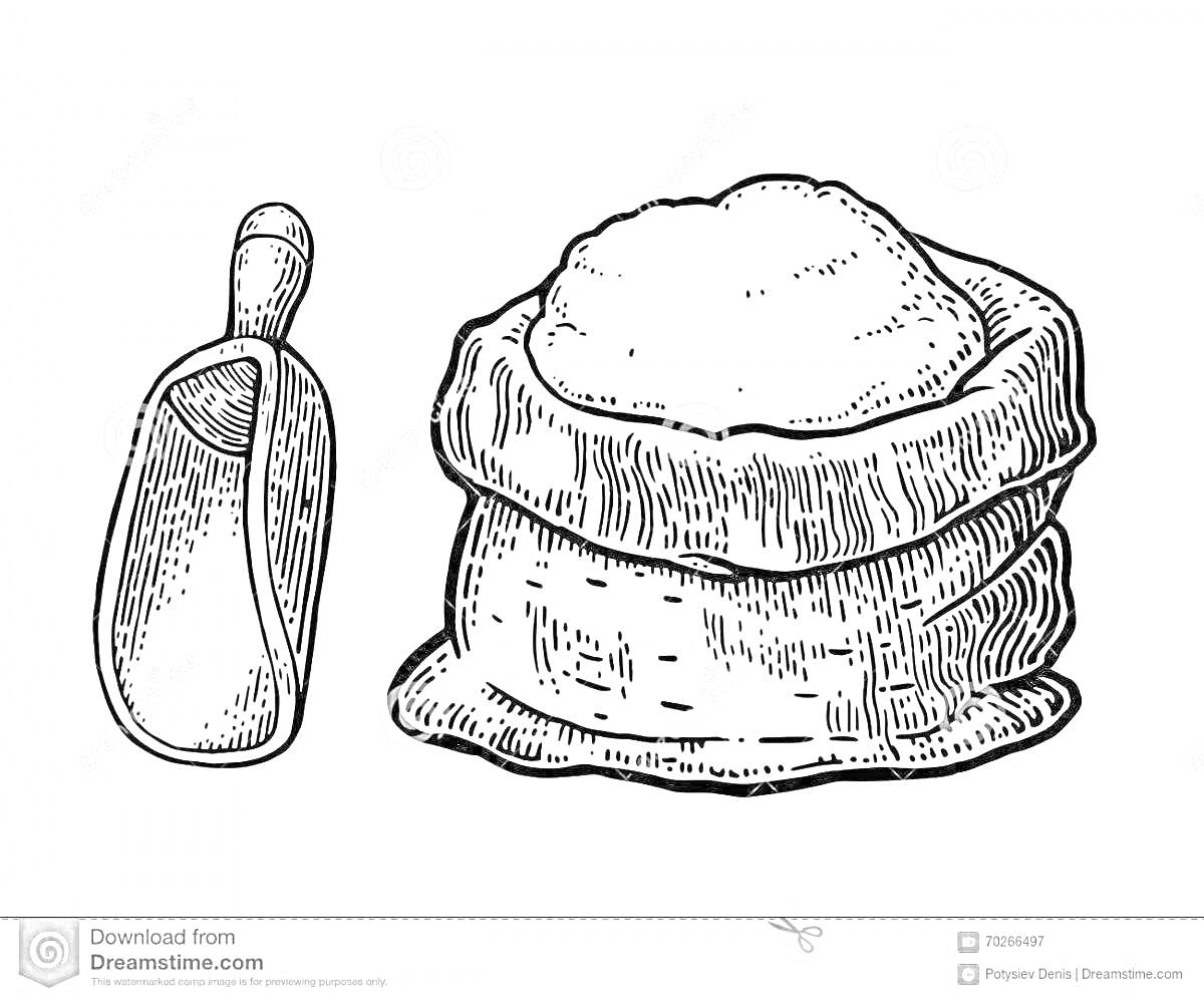 Раскраска Мешок с мукой и совок