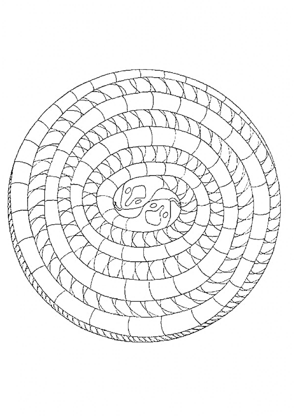 Раскраска Спиральная раскраска с зигзагообразным узором и элементами Инь-Ян в центре