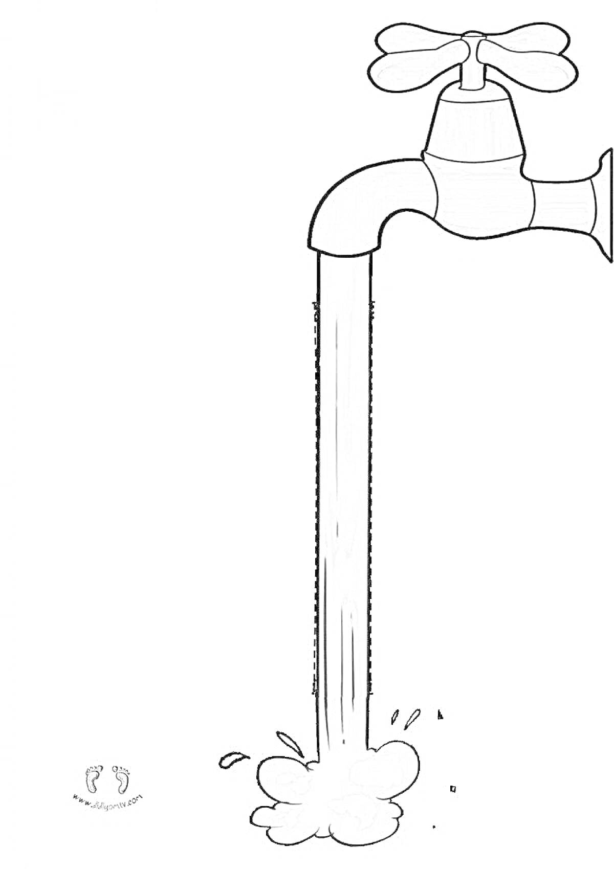 Раскраска Водопроводный кран с текущей водой и брызгами