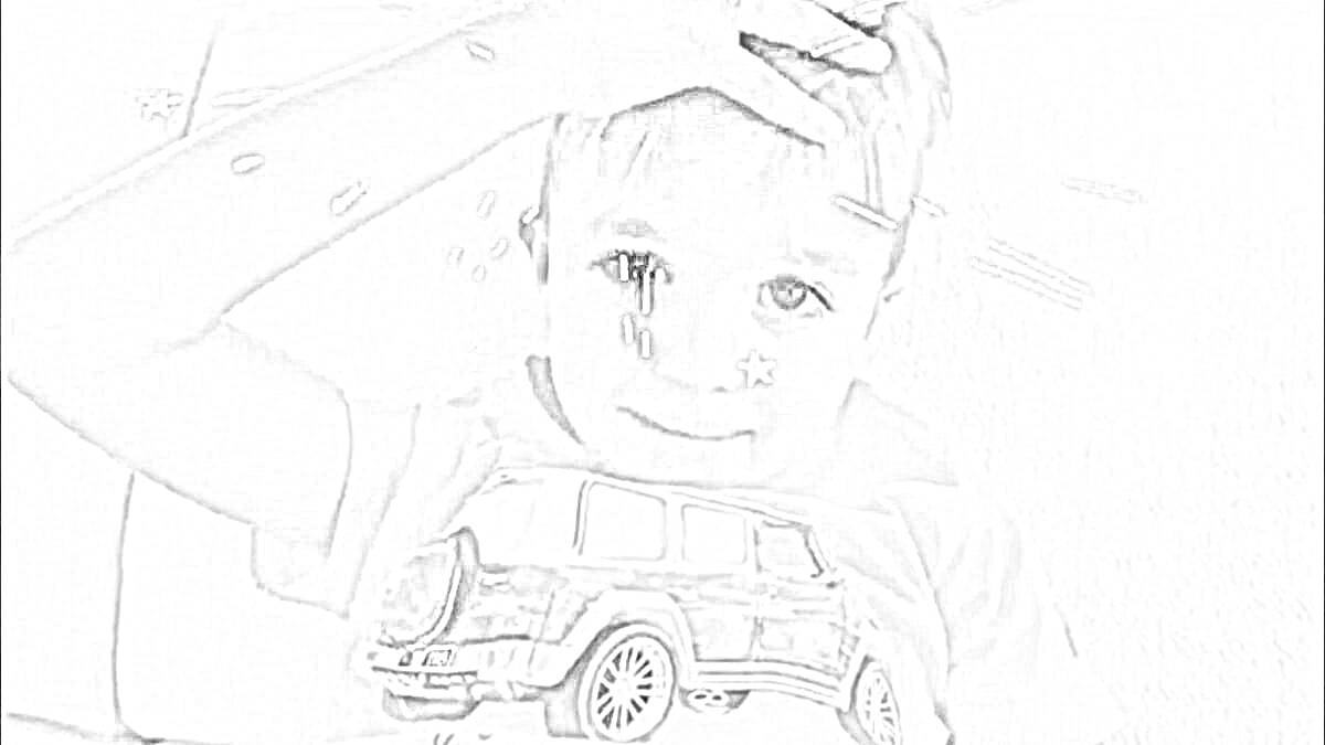 Раскраска Мальчик сидит на диване, держится за голову, в футболке с изображением машины