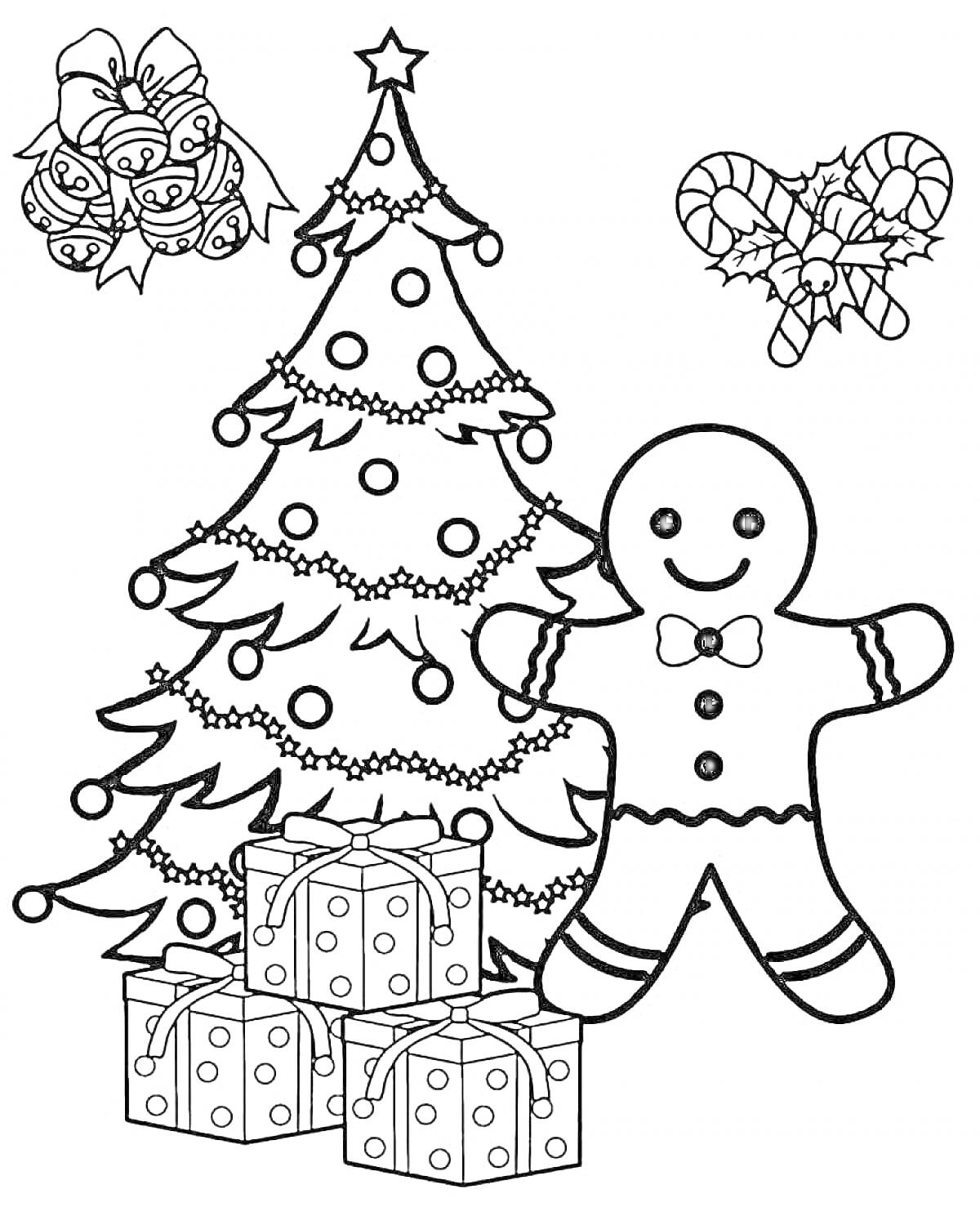 Раскраска Елка новогодняя с игрушками, пряничный человечек, подарки, новогодний венок, леденцы, гирлянда.