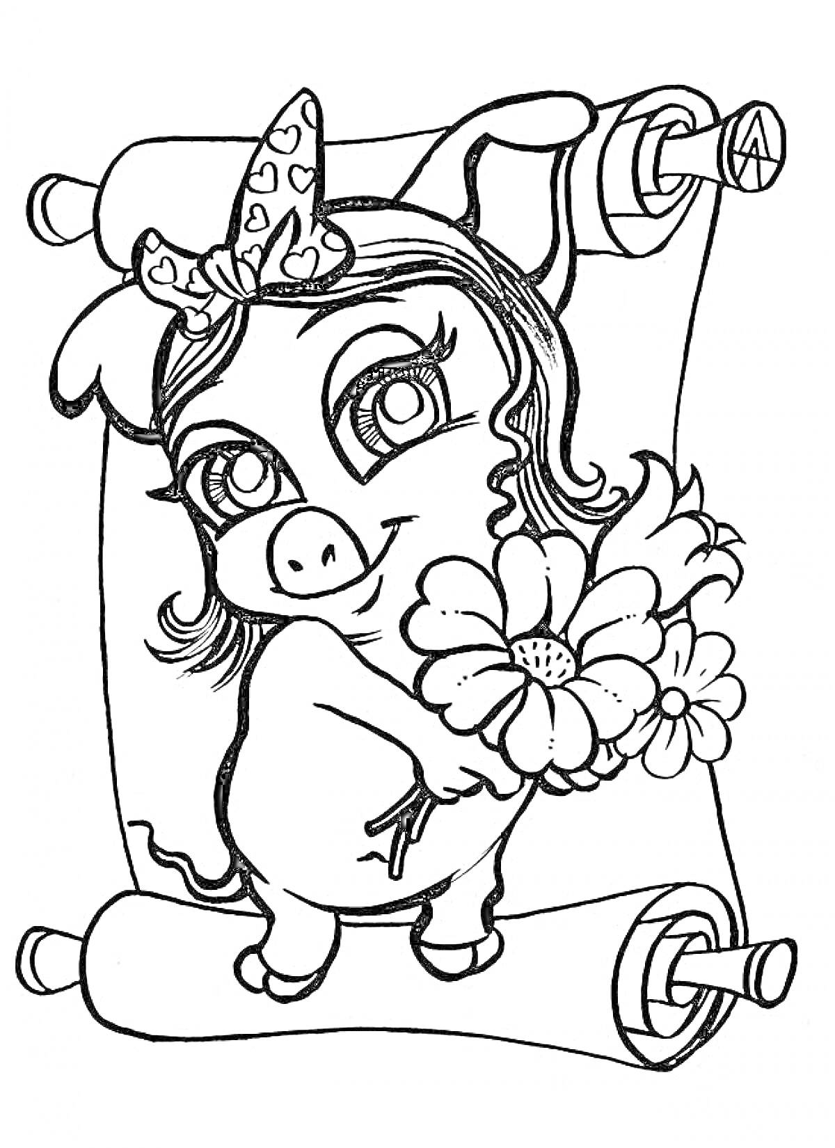 Свинья с бантом держит цветы на фоне свитка