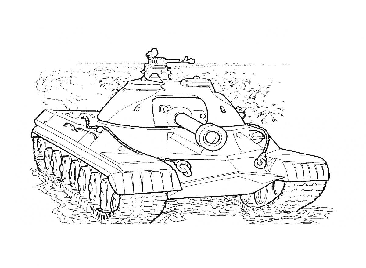 Раскраска Танковый бой в грязи. Танк с военным и пушкой в действии.