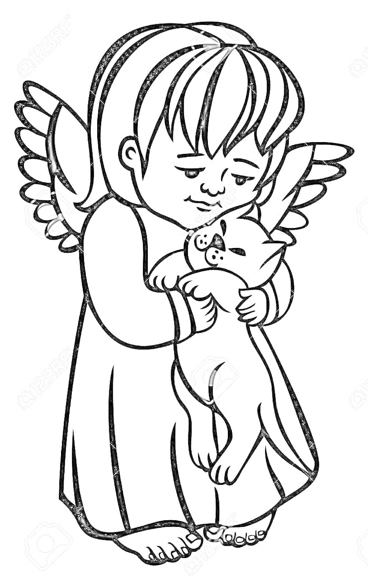 На раскраске изображено: Ангел, Кот, Крылья, Ребёнок, Спокойствие, Объятия