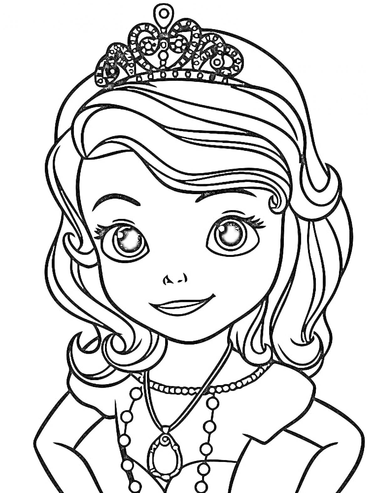 На раскраске изображено: Принцесса, Корона, Ожерелье, Из мультфильмов, Детский персонаж