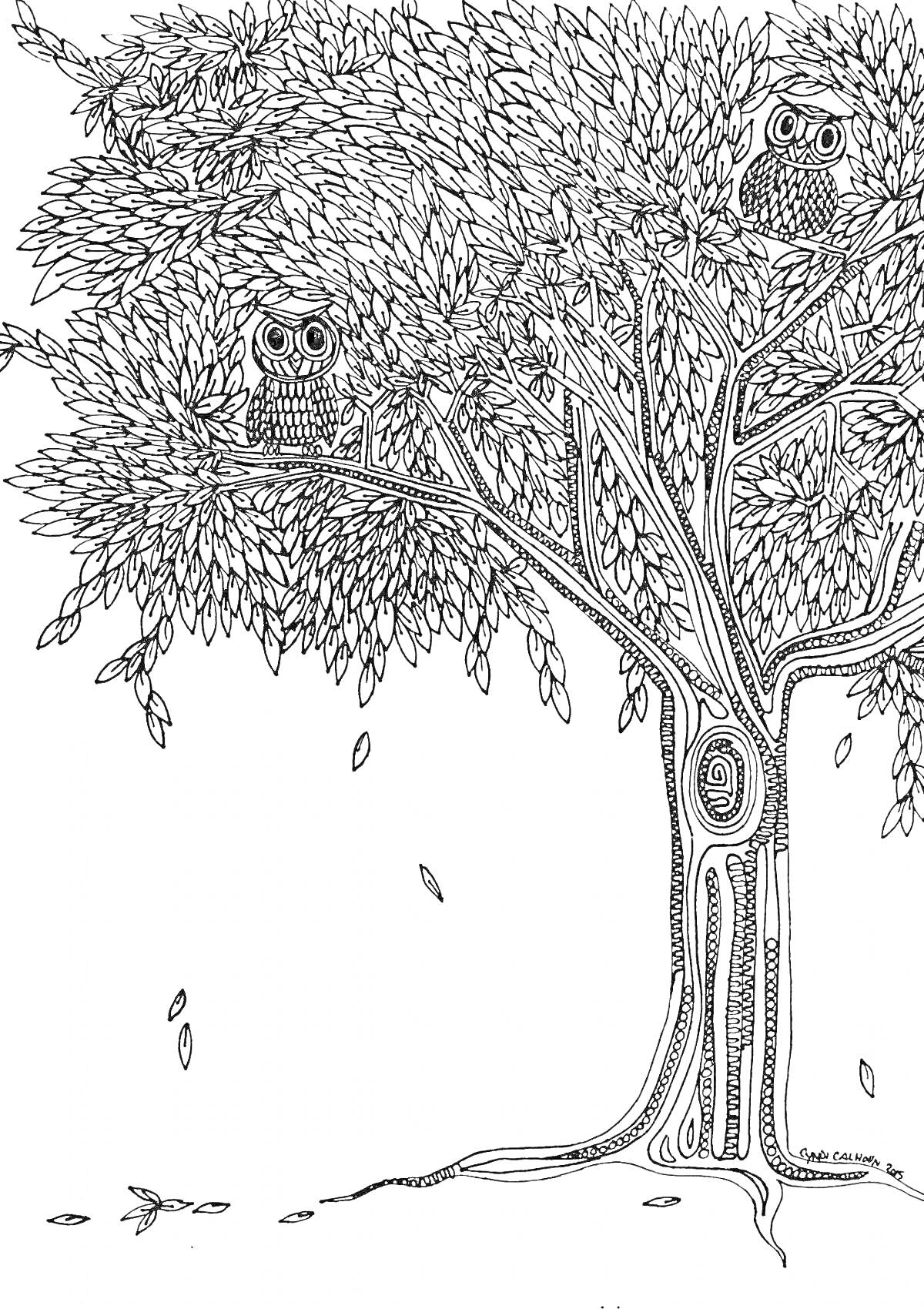 Раскраска Дерево с дуплом, совами и падающими листьями