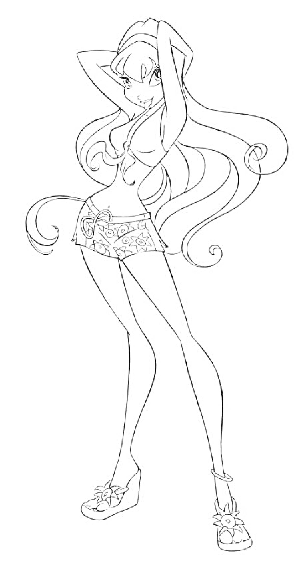 Винкс Стелла в пляжном наряде с развевающимися волосами, шортах с узором и босоножках с цветами