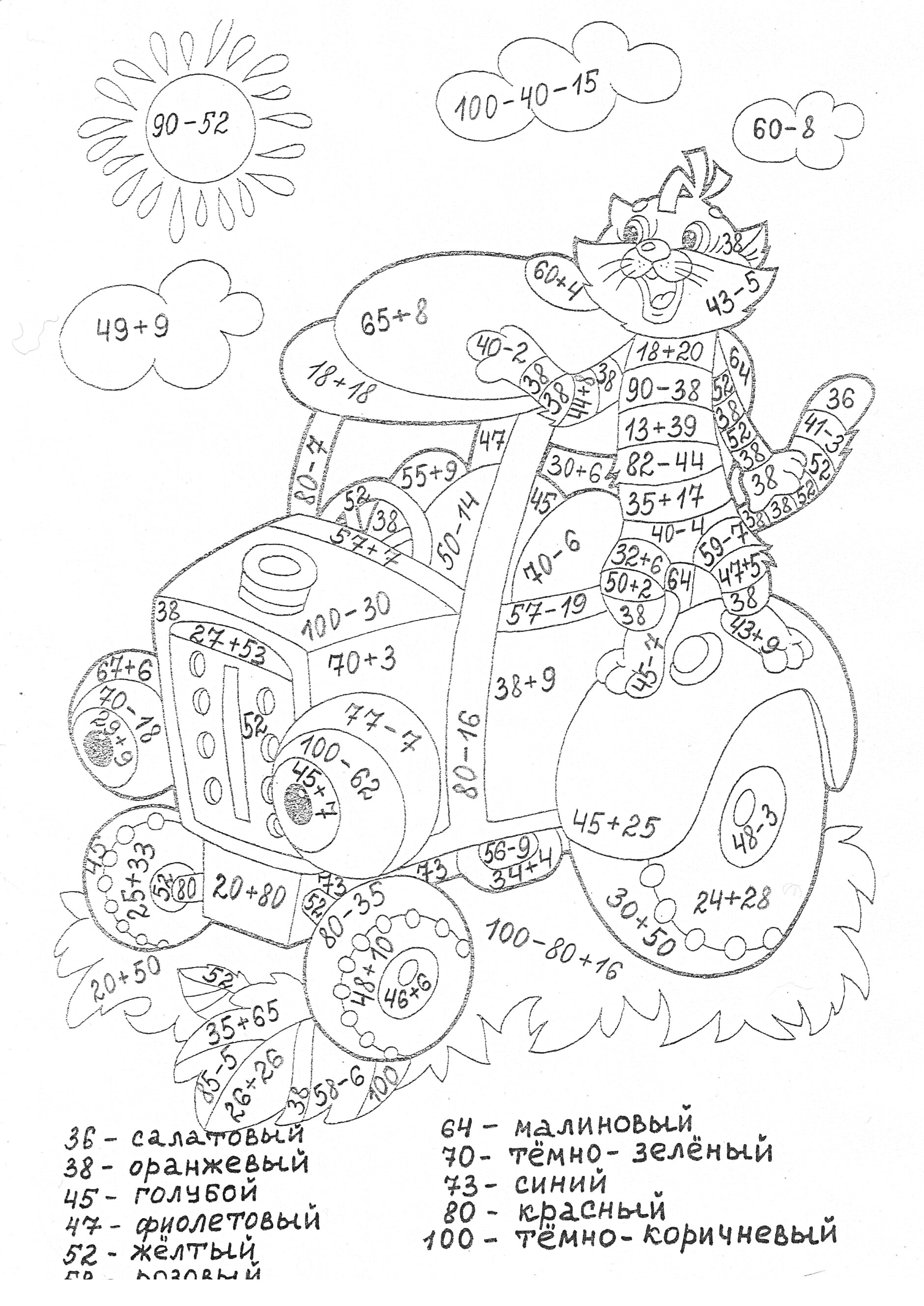 Раскраска Раскраска с трактором и котом на фоне облаков с примерами арифметических вычислений
