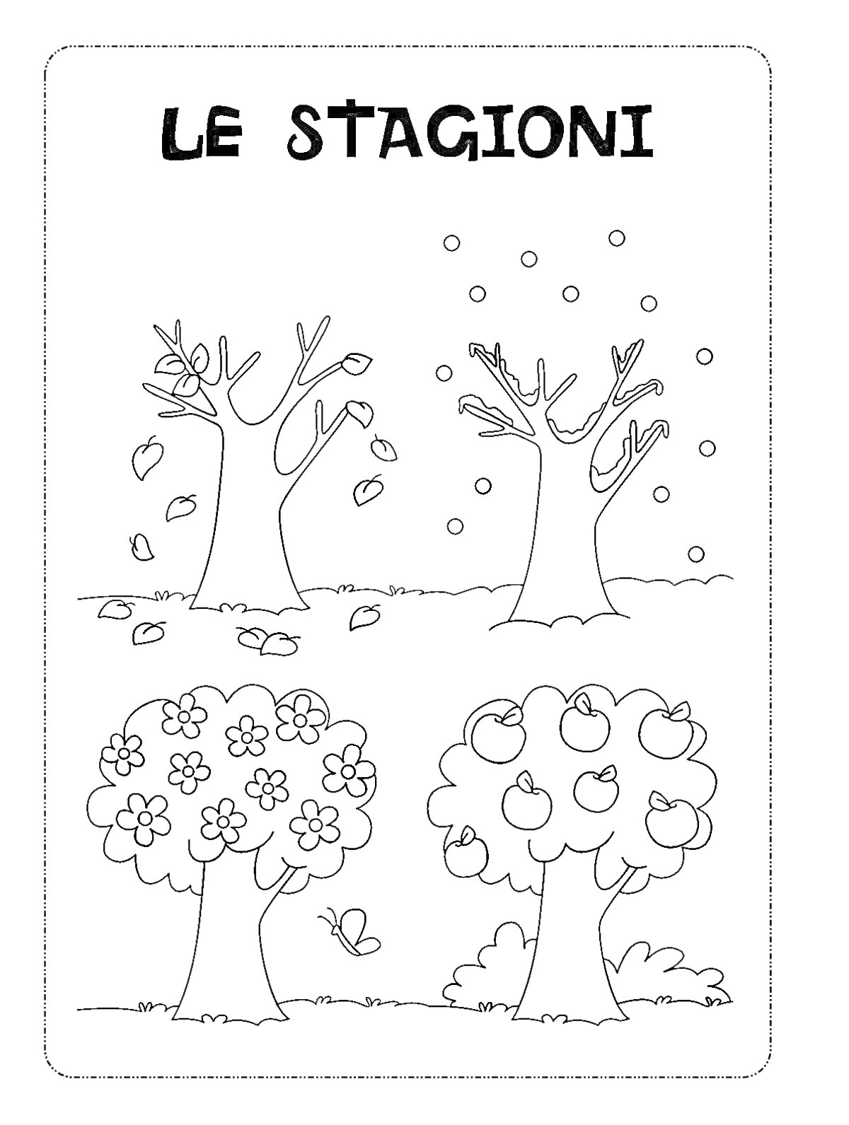Раскраска Деревья в разные времена года: деревья с опадающими листьями, деревья зимой с падающим снегом, цветущие деревья весной и деревья с плодами летом