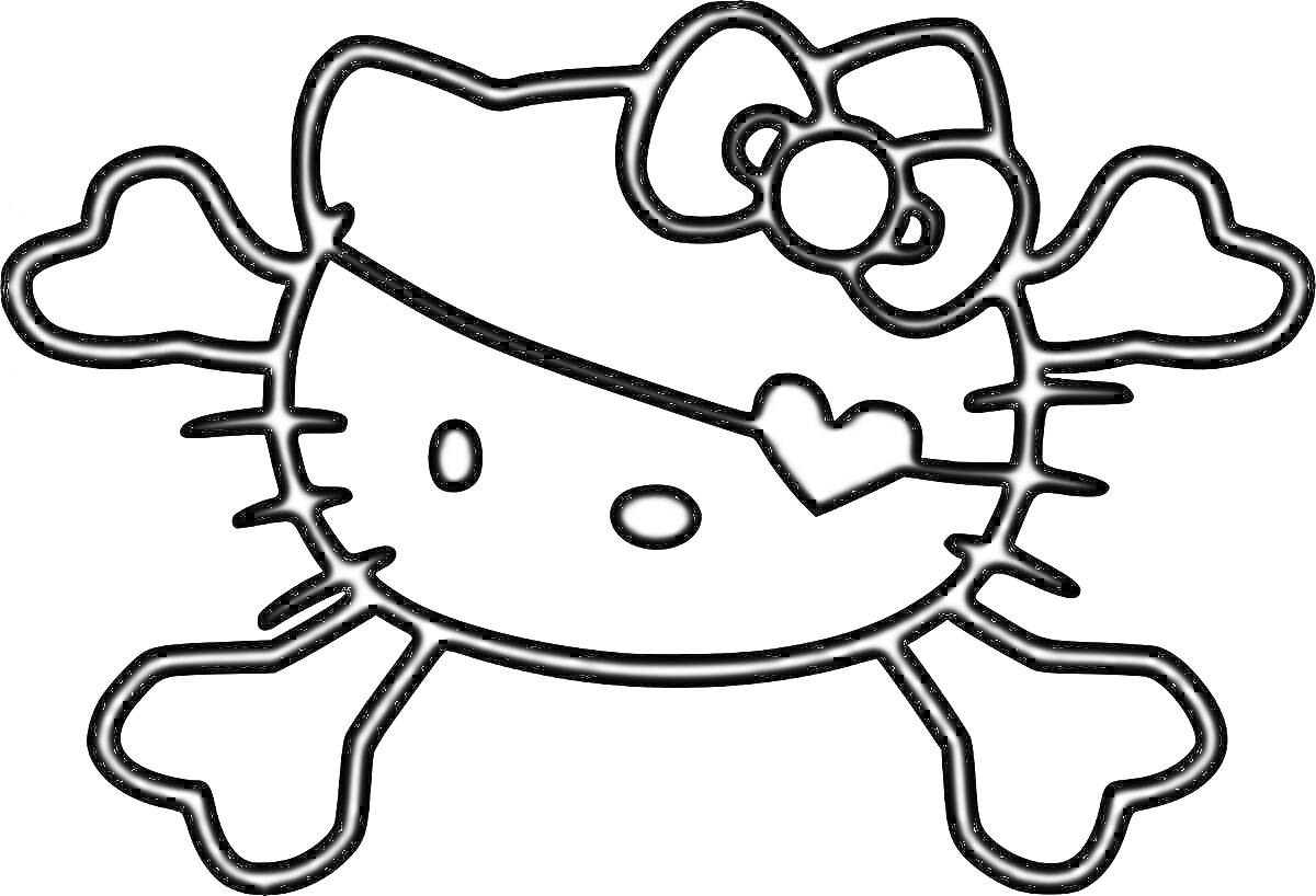 Раскраска Голова Hello Kitty с повязкой на глазу и костями в виде головы пирата