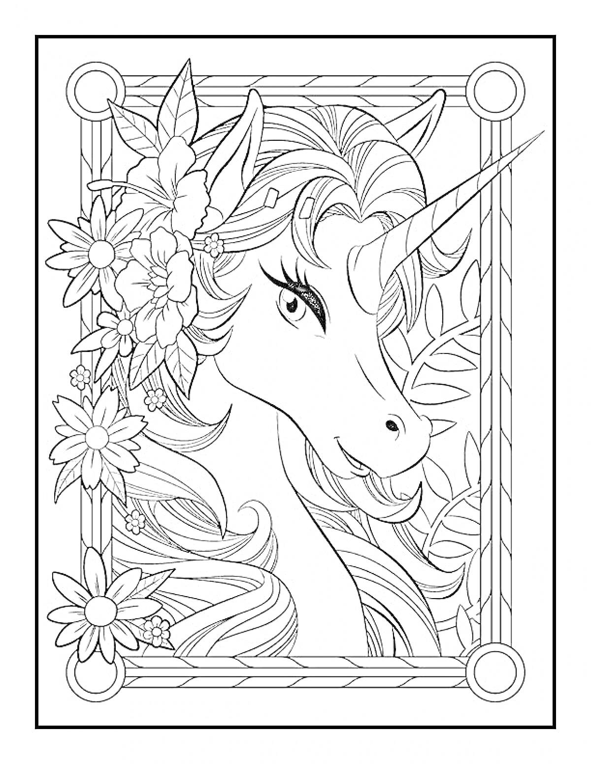 Раскраска Портрет единорога с цветами в гриве в рамке
