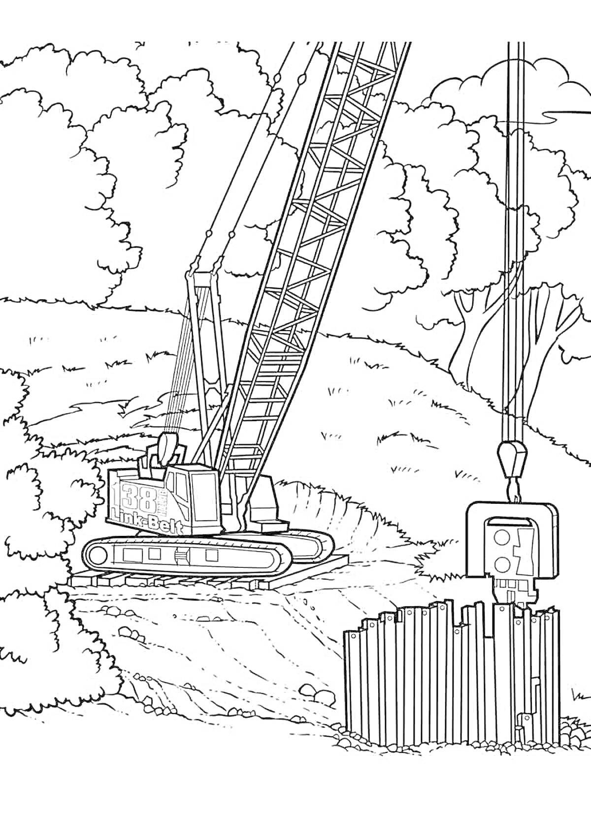На раскраске изображено: Строительный кран, Стройплощадка, Тяжелая техника, Деревья, Строительные работы, Природа, Техника для детей