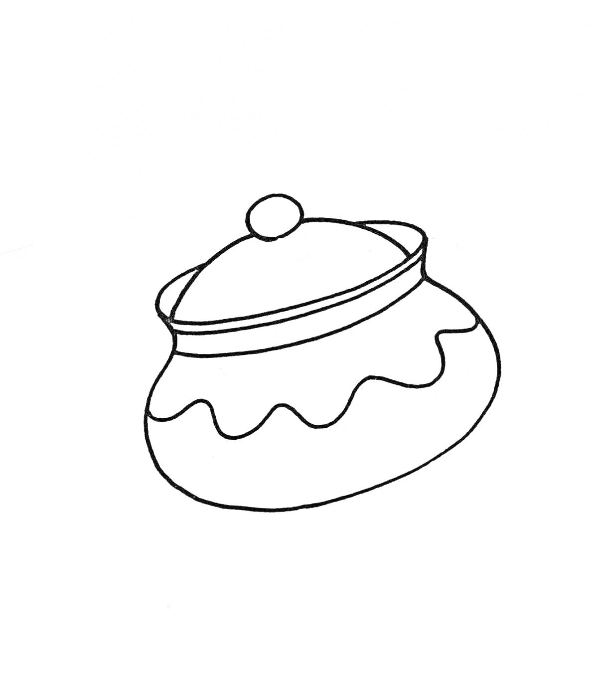 На раскраске изображено: Каша, Посуда, Крышка, Кухня, Еда, Горшки