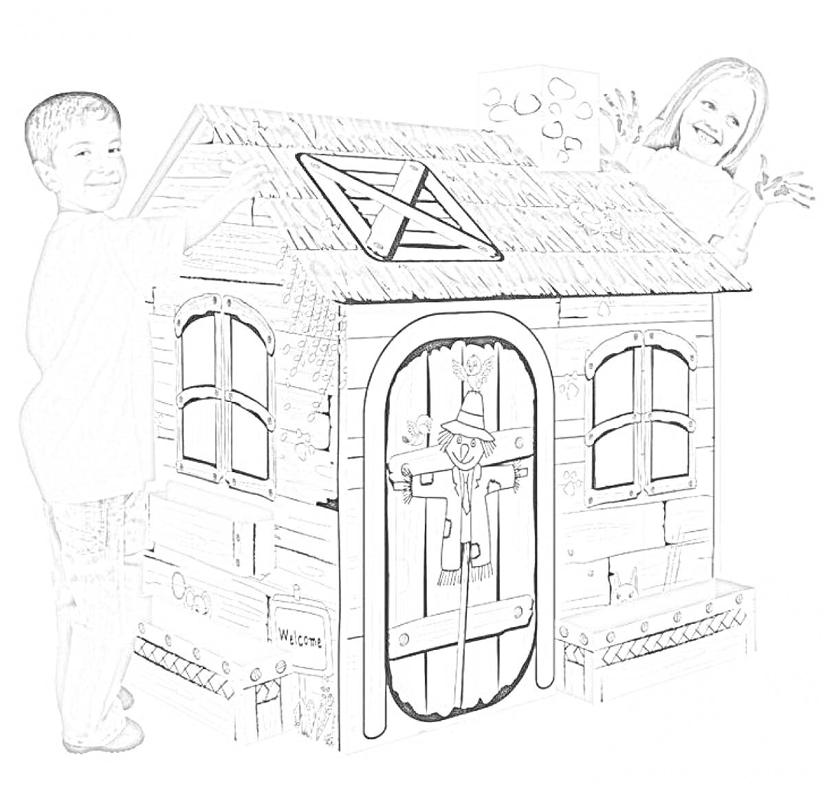 Раскраска Раскраска картонного домика с детьми, двумя окнами, дверью с рисунком кота, чердачным окном и забором