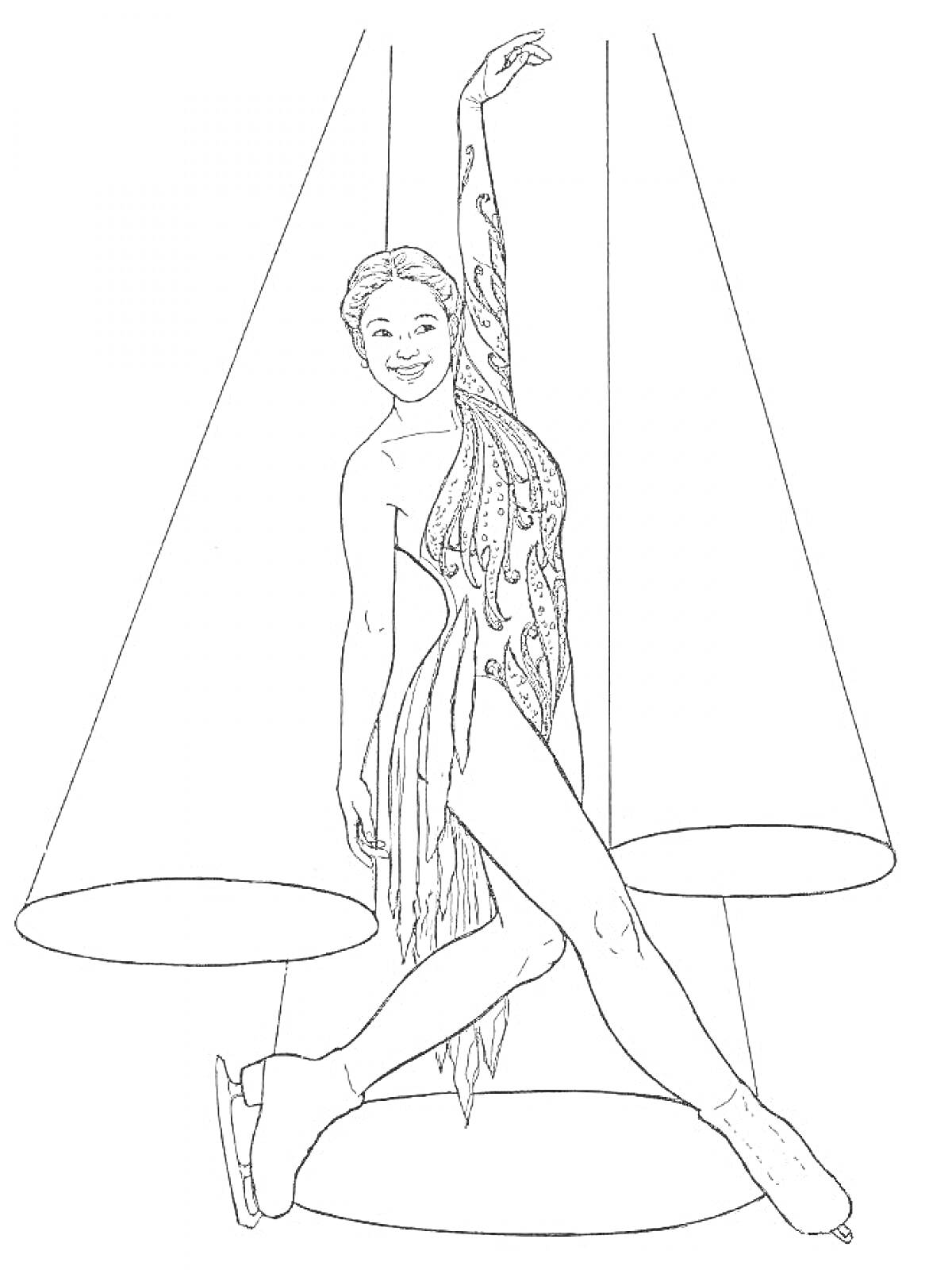Раскраска Фигуристка в костюме с узором на арене с софитами