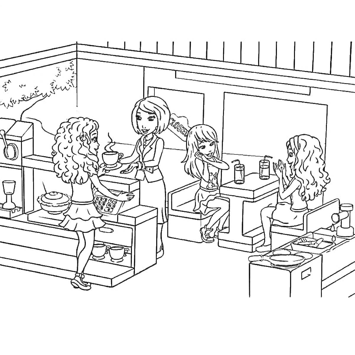На раскраске изображено: Магазин, Для девочек, Кафе, Покупатели, Продавщица, Еда, Полки, Посуда