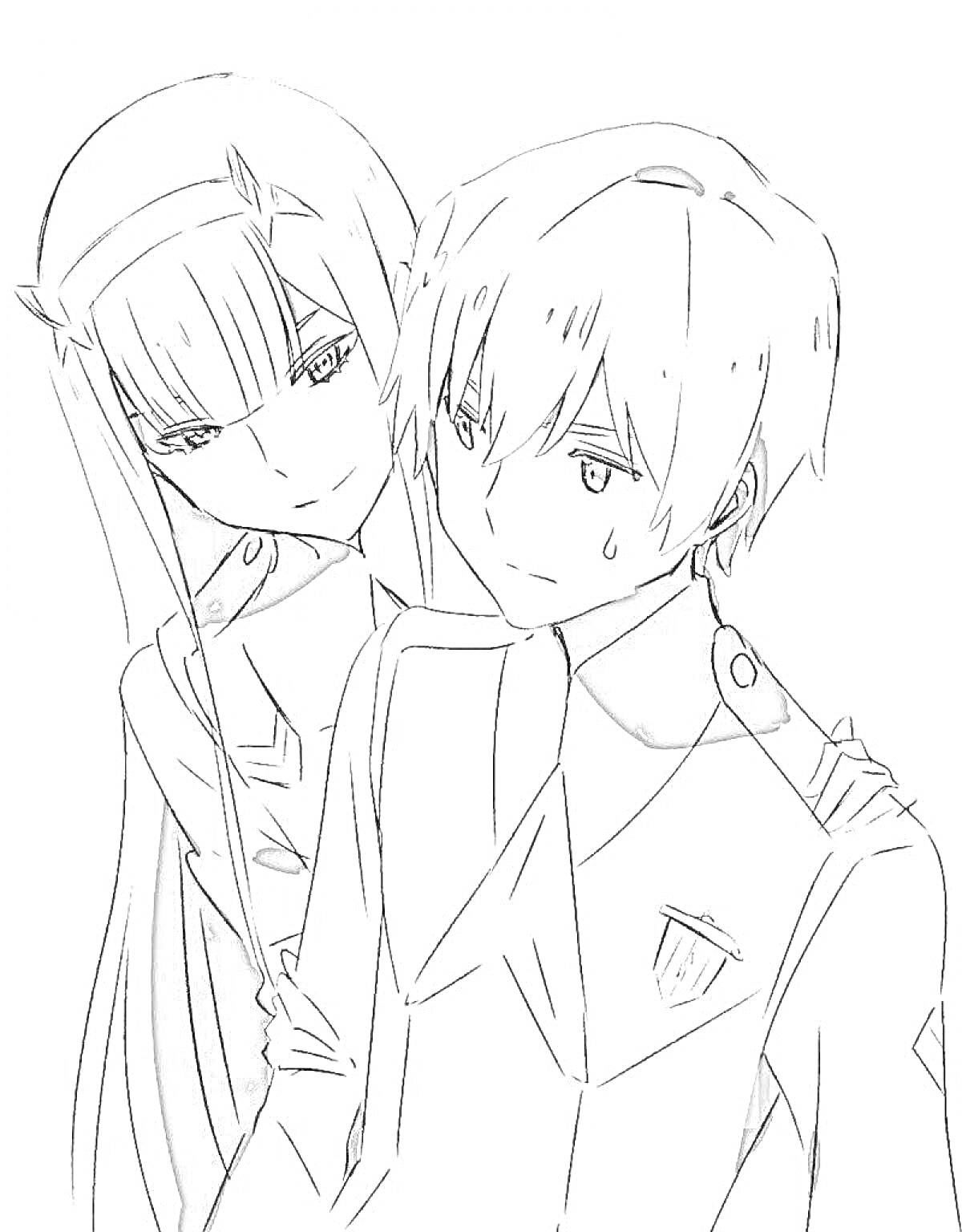 Раскраска Два персонажа в форме обнимаются (аниме-стиль)