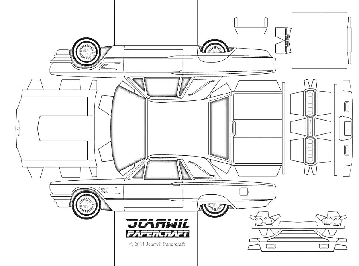 Раскраска Схема сборки бумажного автомобиля с деталями кузова, колес, стекол и переднего бампера