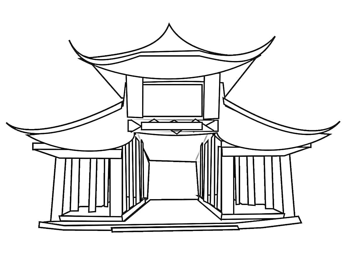 На раскраске изображено: Архитектура, Пагода, Колонны, Ступени, Азиатский стиль, Традиционное здание