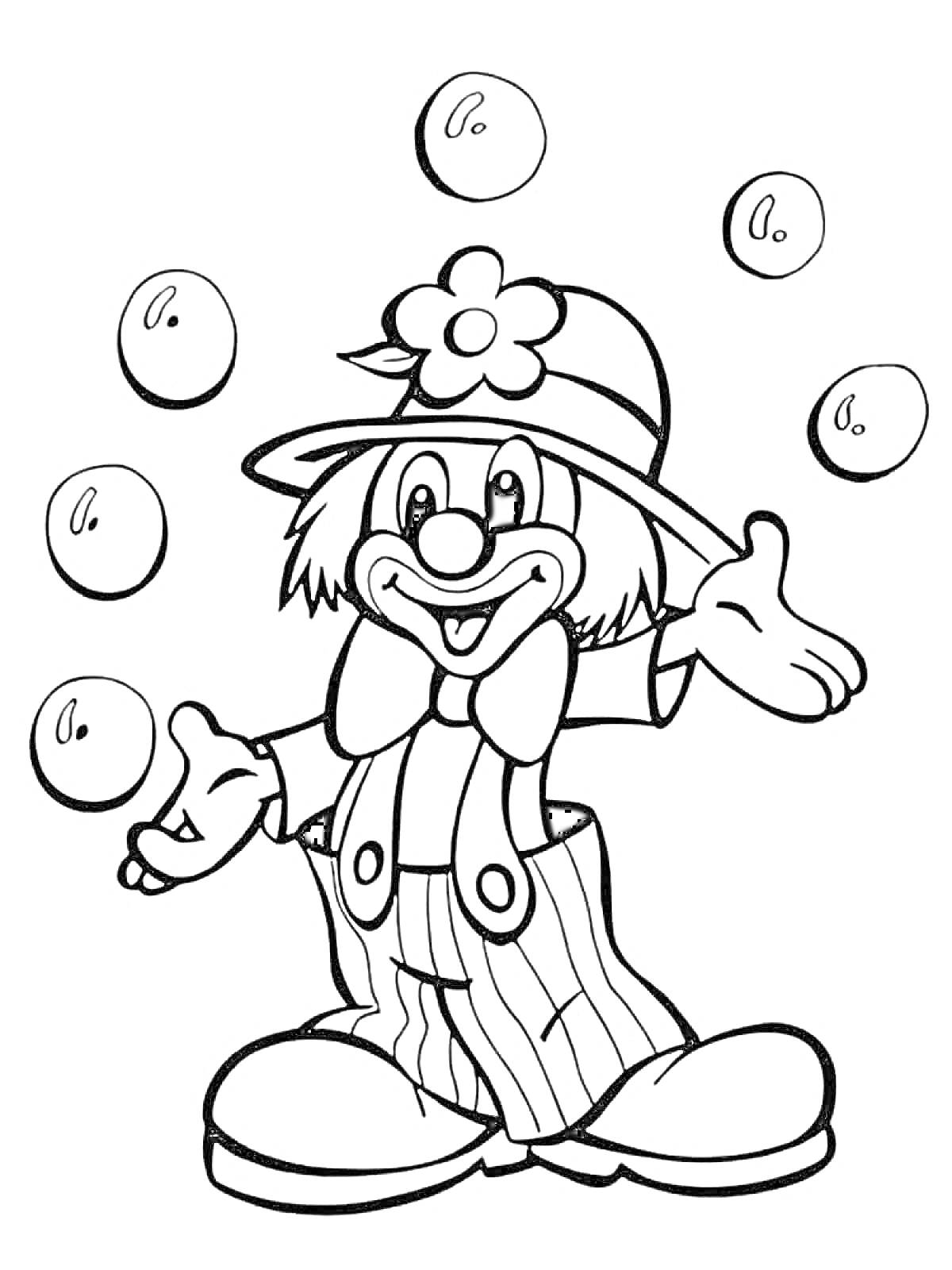 Раскраска Клоун, жонглирующий шестью мячами