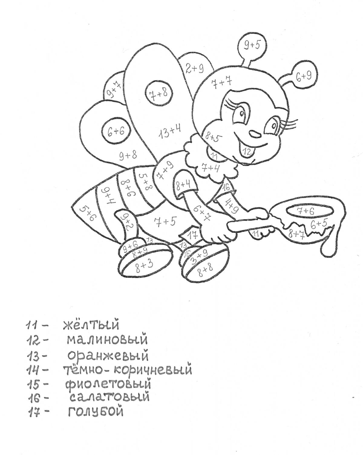 Раскраска Бабочка с ведерком меда, примеры в пределах 10, сложение и вычитание