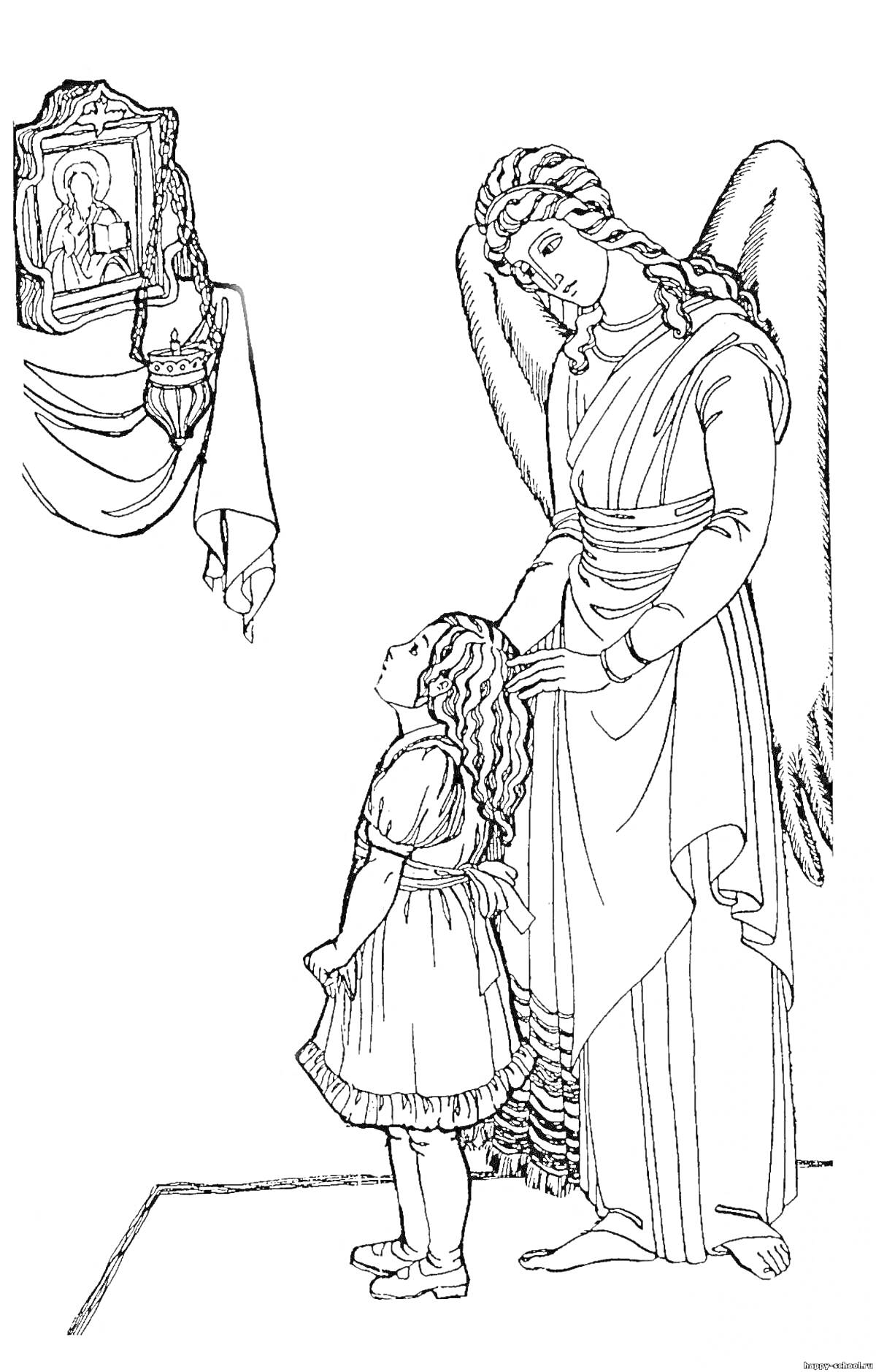 Раскраска Ангел-хранитель помогает девочке перед иконой