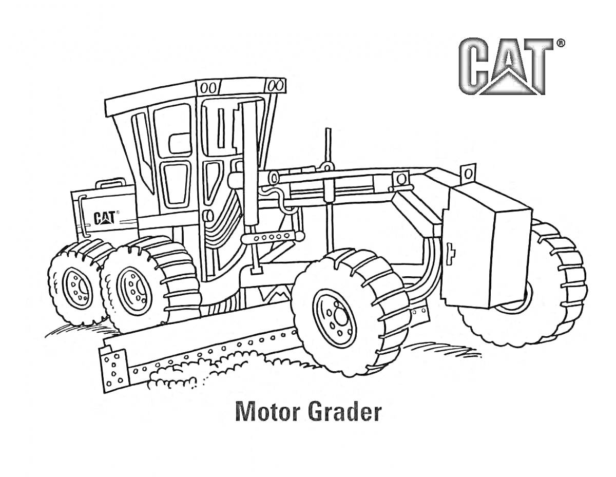 На раскраске изображено: Грейдер, Cat, Строительная техника, Земляные работы, Кабина водителя, Колёса, Лопата