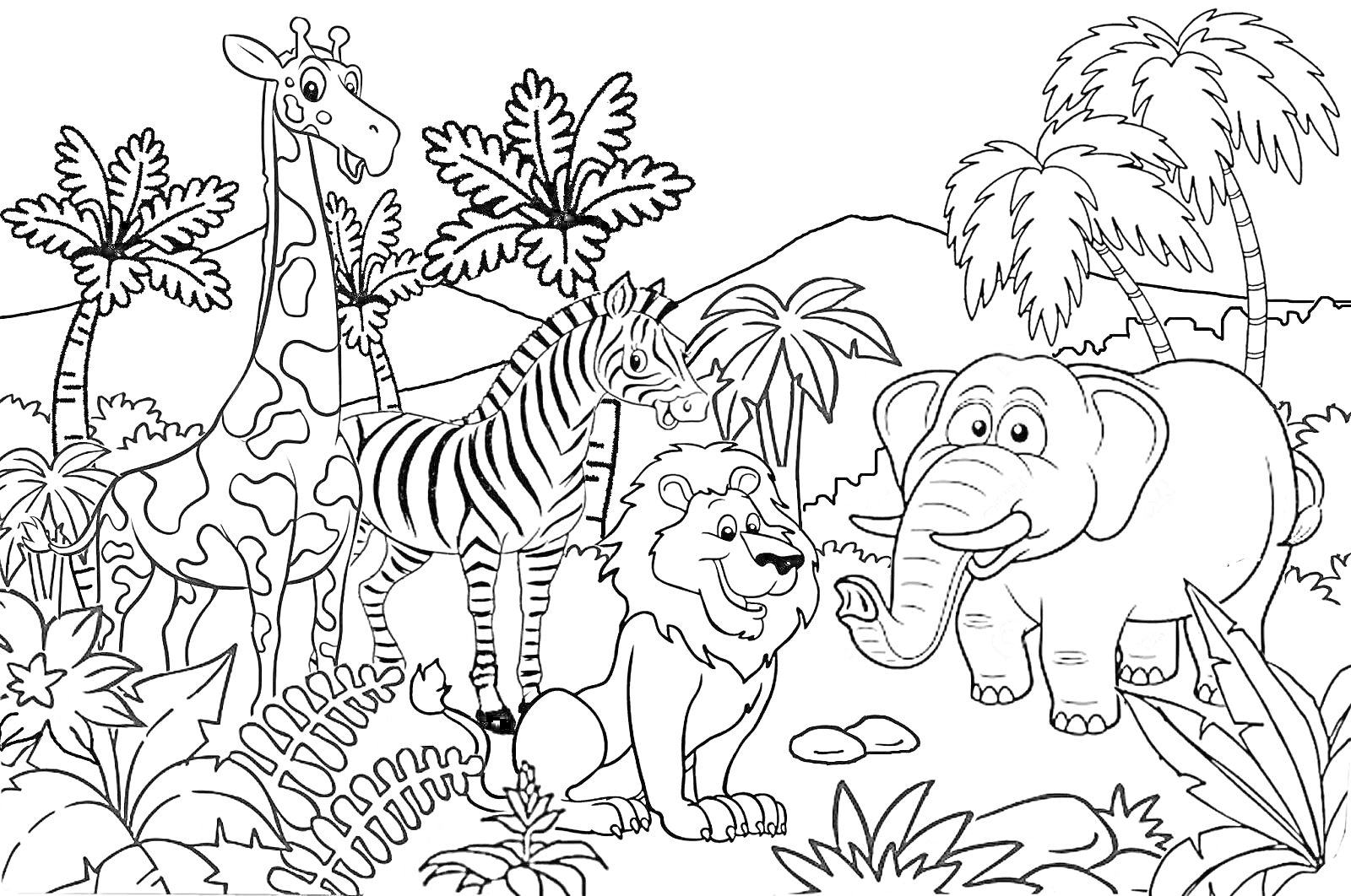 Раскраска Жираф, зебра, лев и слон на фоне африканской саванны с пальмами и растительностью