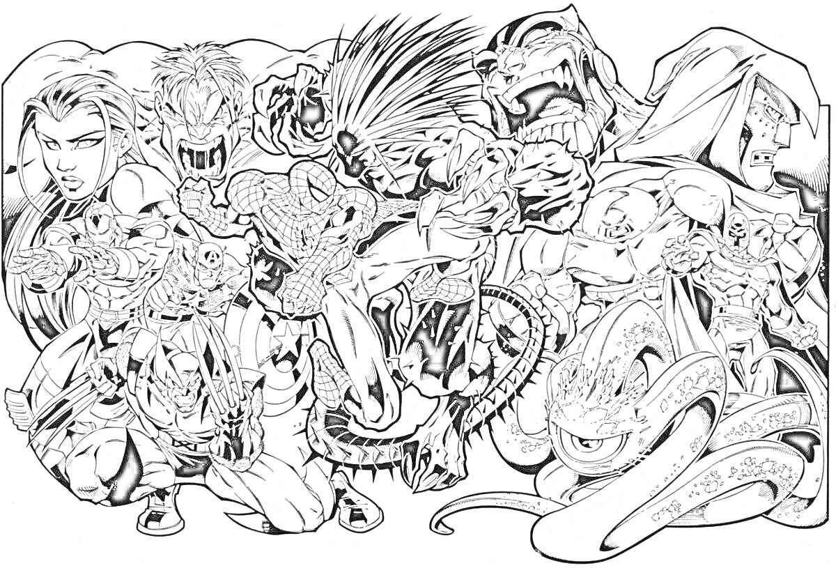 Раскраска Герои и злодеи Marvel Comics, в том числе женщины, мужчины, паукообразный герой, существо со змеевидным хвостом, извергающийся изо рта свет, мускулистый человек с покрытой металлом рукой, воин с кинжалами