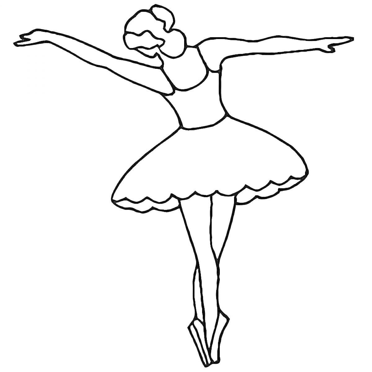 Раскраска Балерина с поднятыми руками, с пучком, в балетной пачке и пуантах.