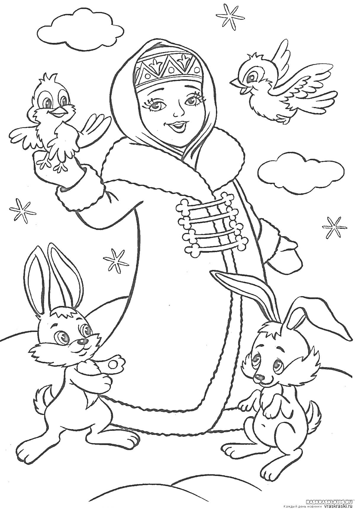 На раскраске изображено: Зима, Девочка, Зайцы, Снег, Зимняя сказка, Природа, Животные, Зимний пейзаж