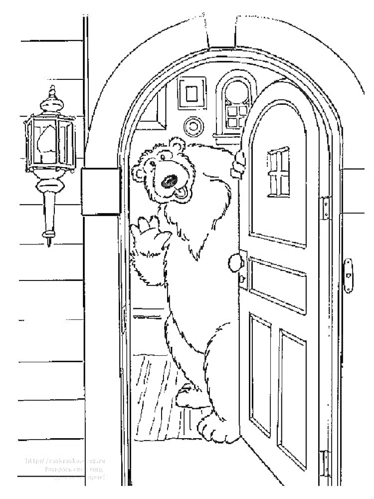 На раскраске изображено: Медведь, Дверь, Приветствие, Интерьер, Дом