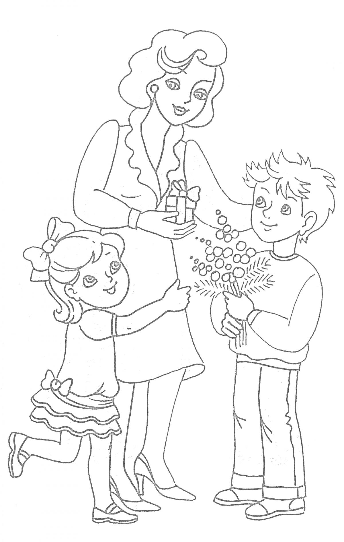Раскраска Женщина с подарком и детьми, дарящими цветы на 8 марта