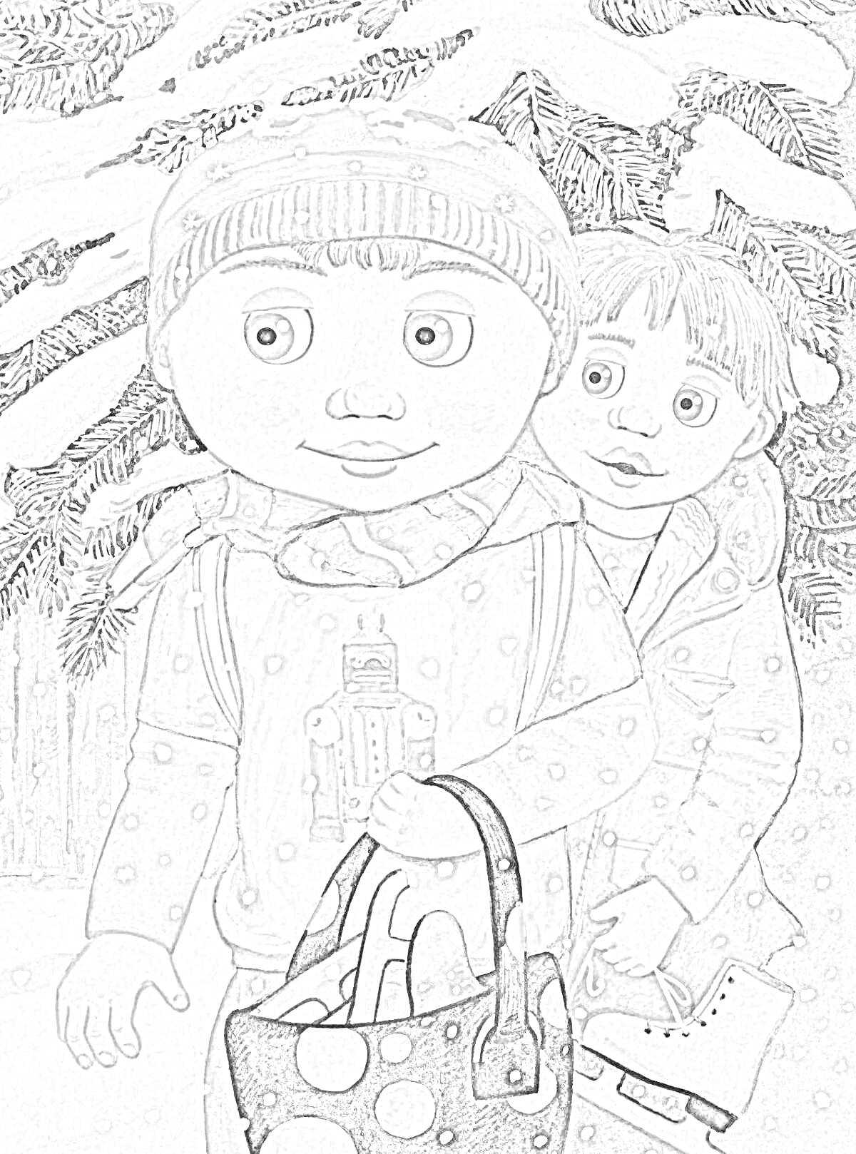 Раскраска Двое детей зимой, один несет сумку, другой держит коньки, снег, елка