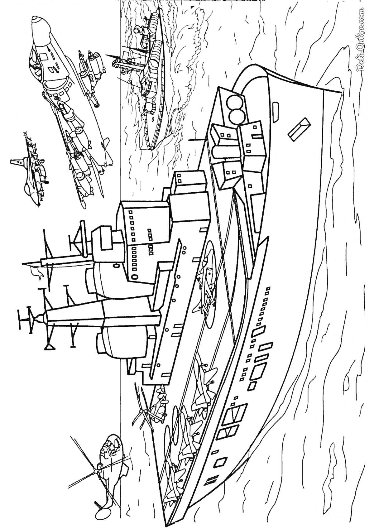 На раскраске изображено: Авианосец, Самолеты, Море, Военный корабль, Морской транспорт