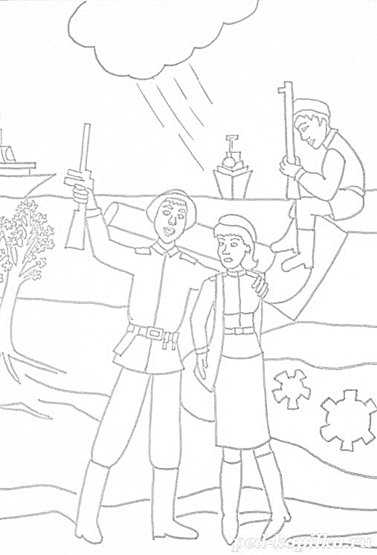 Освобождение Воронежа - радующиеся солдат и женщина, военная техника на заднем фоне, ветвистое дерево справа, корабли на реке