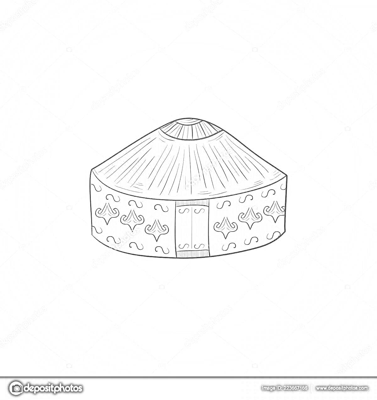Раскраска Бурятская юрта с традиционными узорами, круглая с наклонной крышей и небольшим входом
