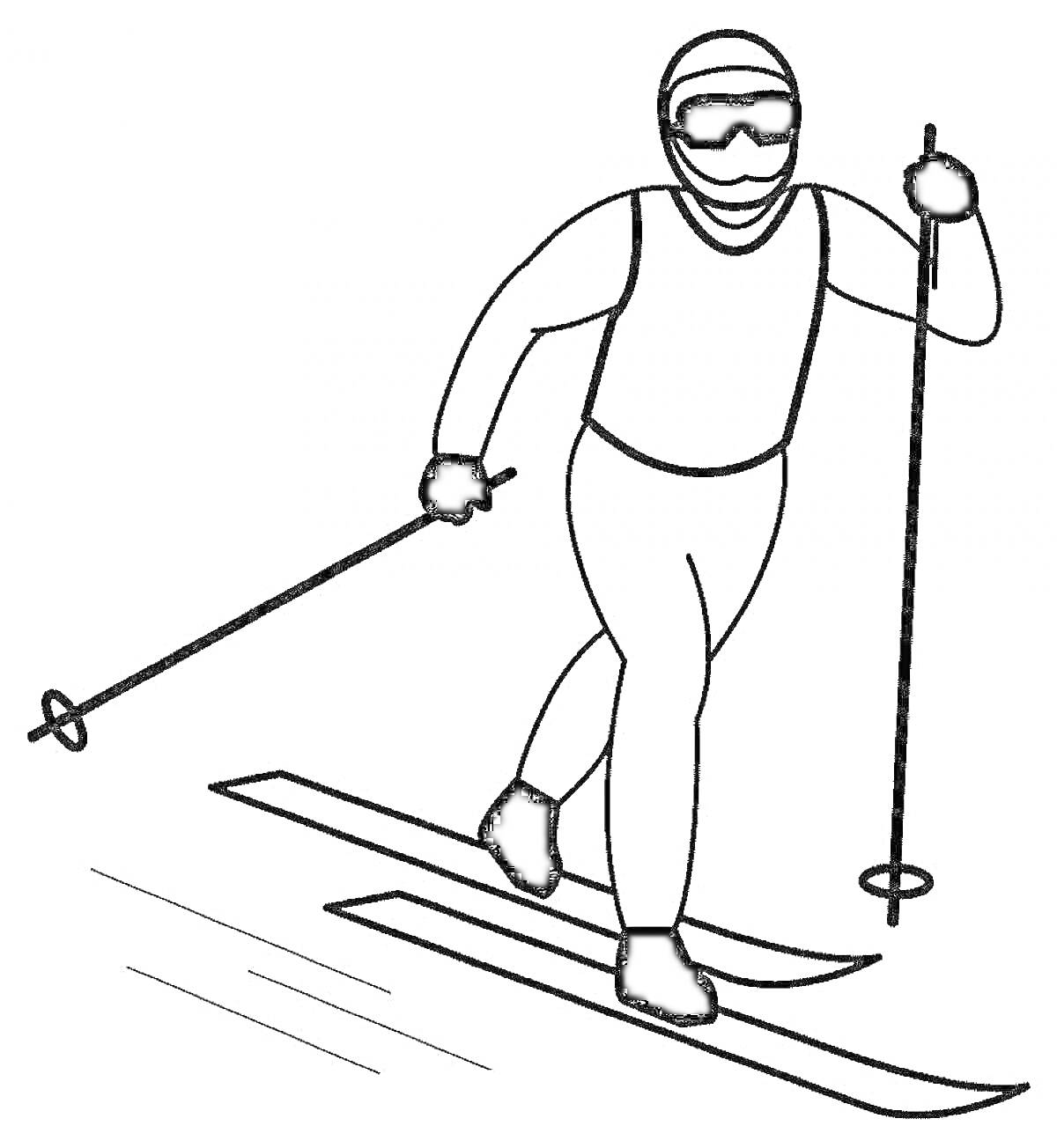 На раскраске изображено: Лыжник, Лыжи, Лыжные палки, Спортсмен, Зима, Спорт, Очки, Трасса, Для детей