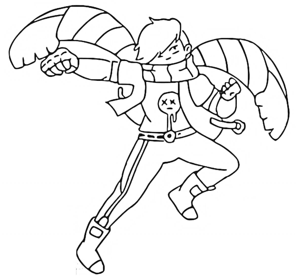 Раскраска Браво Старс Эдгар с шарфом, прыгает в боевой позе