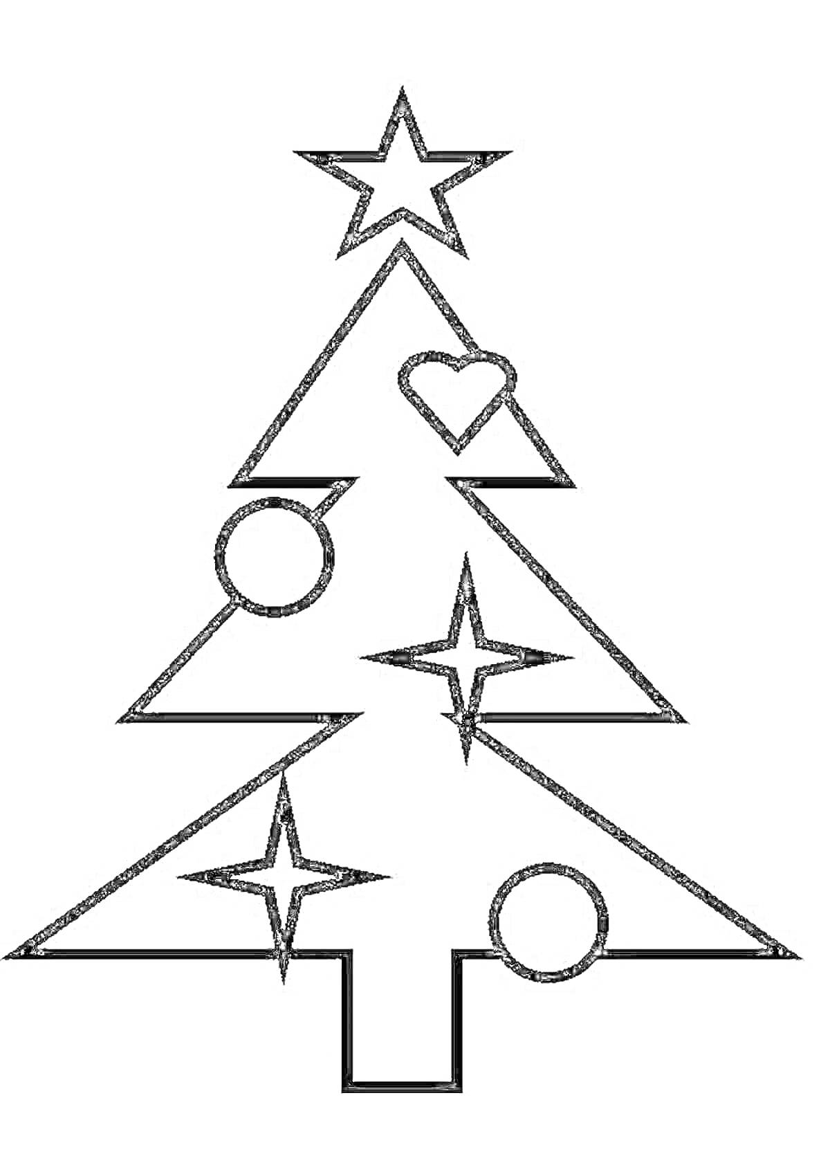 Раскраска Елка с расположенной на верхушке звездой, декоративными кругами, сердцем и искрящимися звездами
