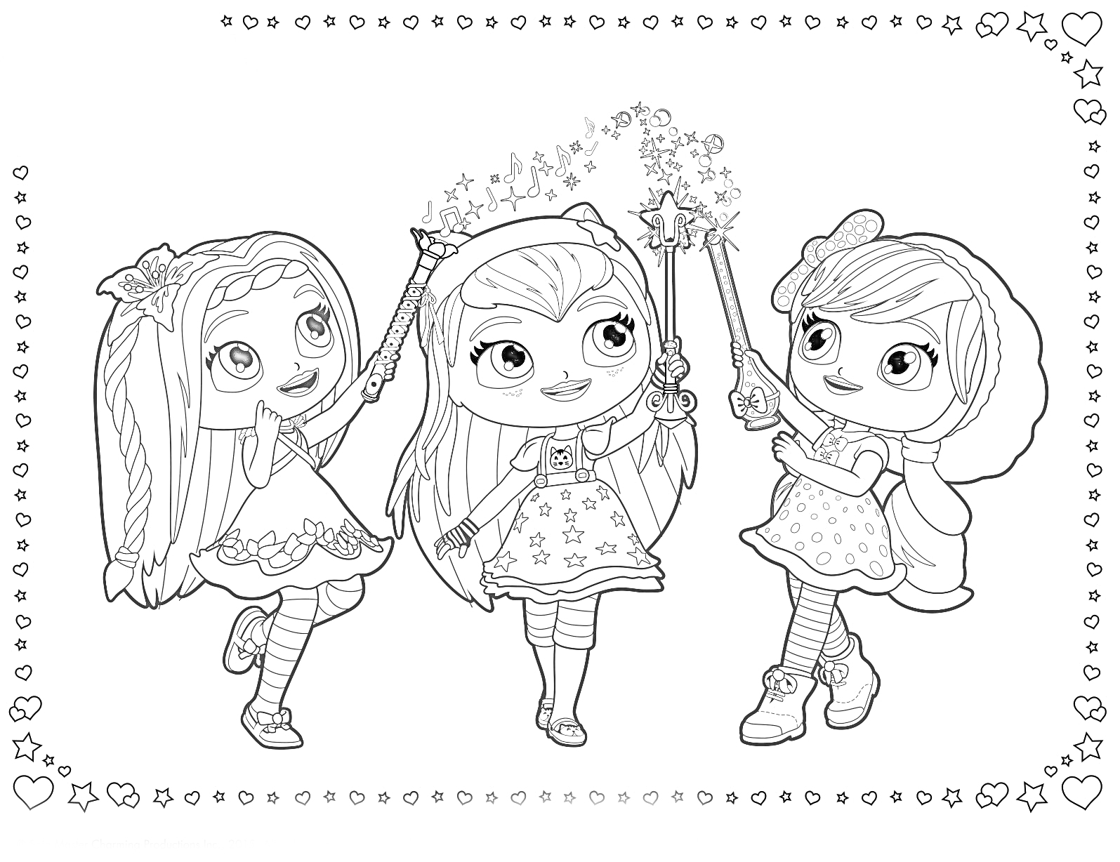 Раскраска Три девочки с волшебными палочками в рамке из звезд и сердец.