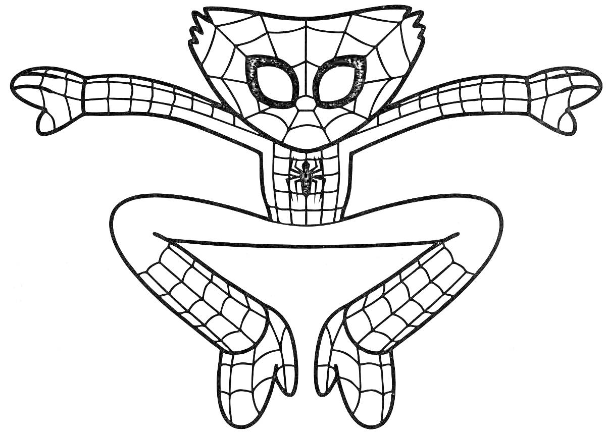 Раскраска Раскраска персонаж в костюме Спайдермена, прыгает с вытянутыми в стороны руками