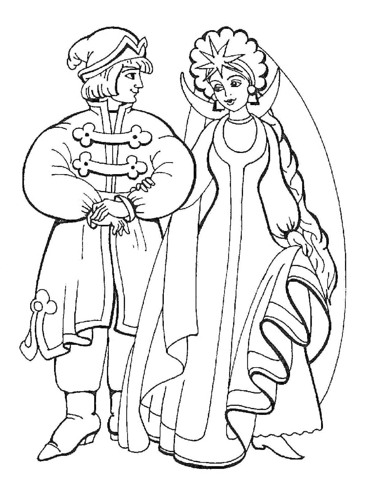 На раскраске изображено: Конек-горбунок, Из сказок, Традиционная одежда, Накидка, Длинные платья