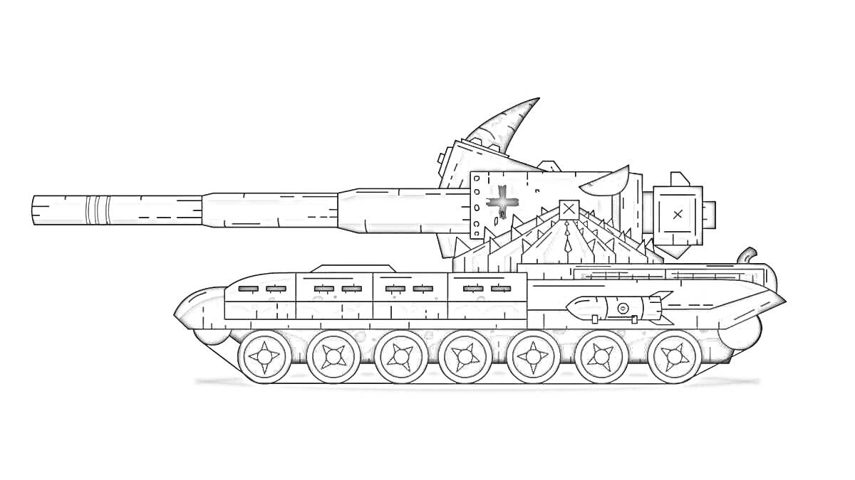 Раскраска Боевой танк с длинным орудием и шипами