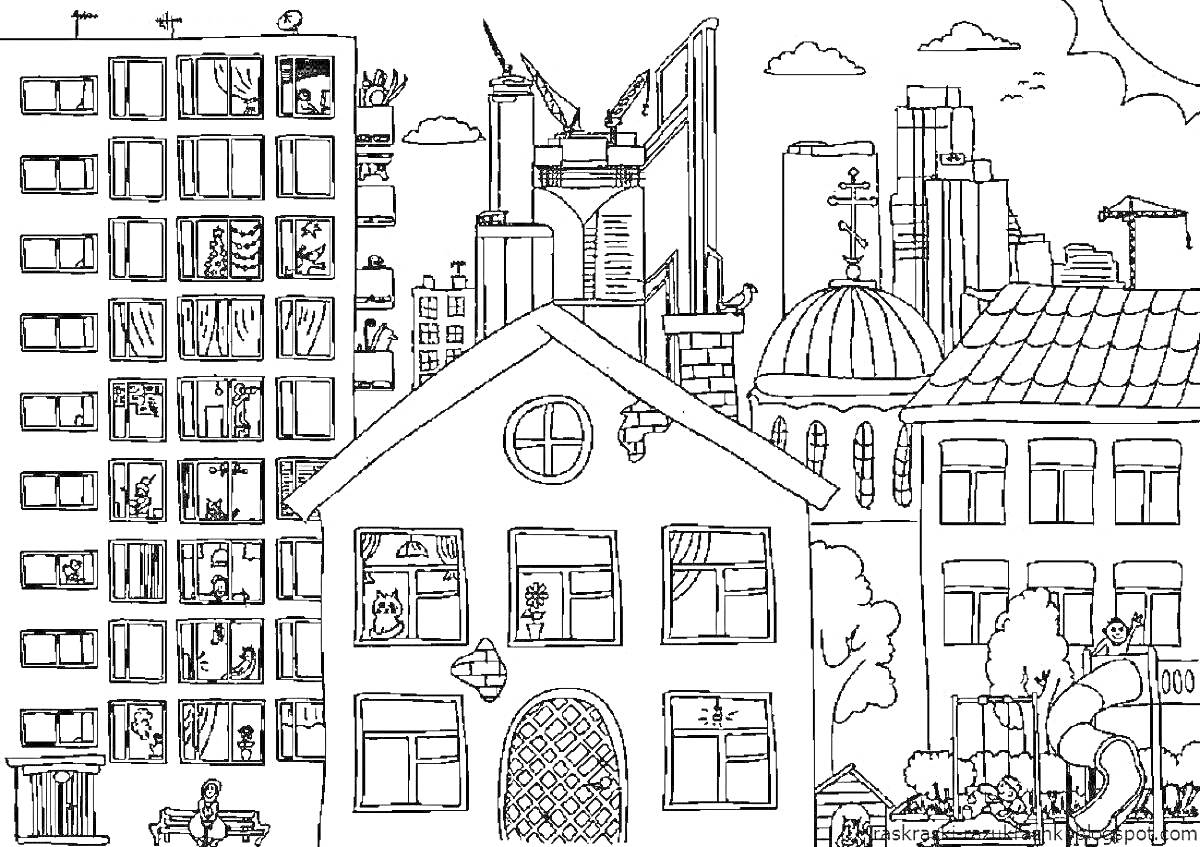 Раскраска Городская улица с жилыми домами, высотками и парком