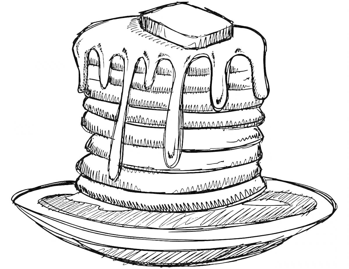 Раскраска Стопка блинов с маслом и сиропом на тарелке для Масленицы