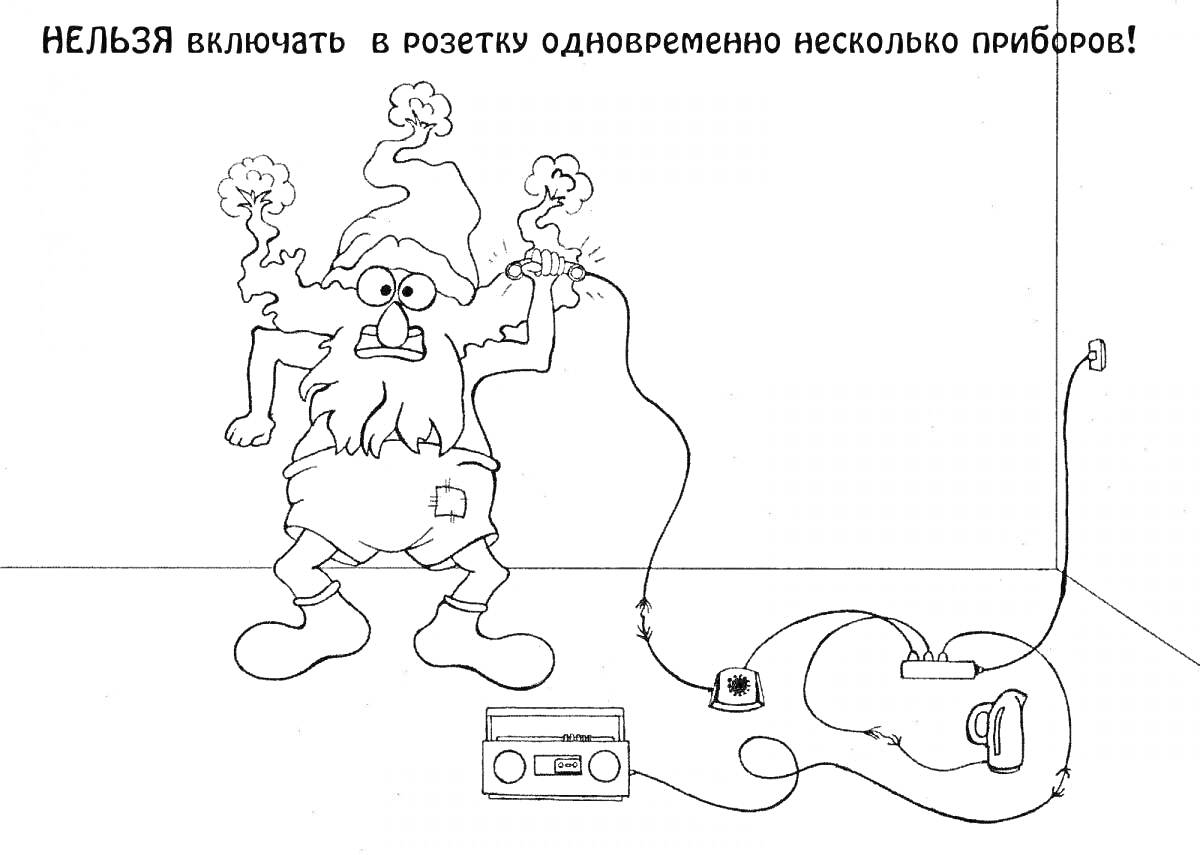 Раскраска мультяшная фигура получает удар током от перегрузки розетки с включенными несколькими электроприборами на полу