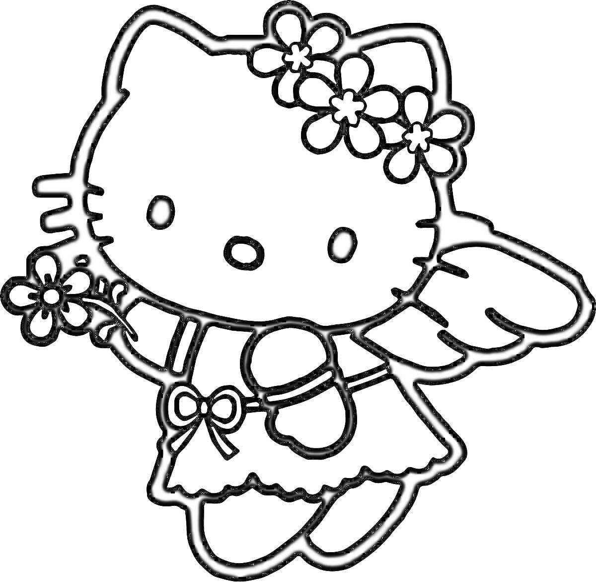 Раскраска Кошечка в платье с цветочками и крыльями